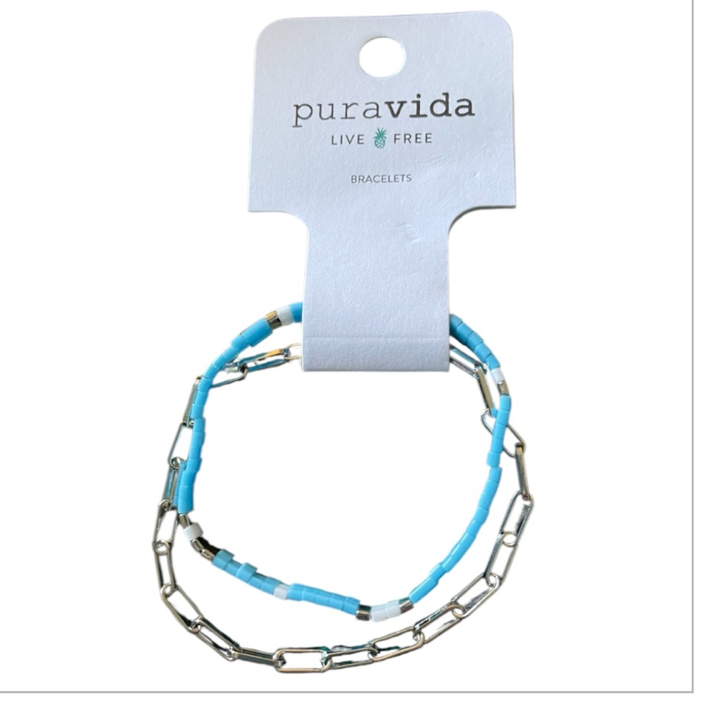 NWT Pura Vida Tile Bead Stretch Bracelet Set in Aqua and Silver